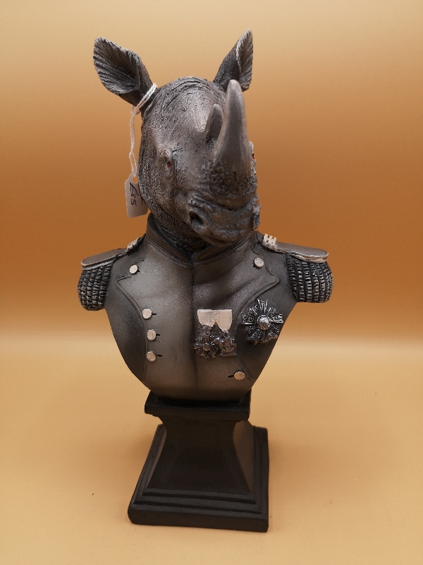 Grey Rhino Bust in Military Uniform